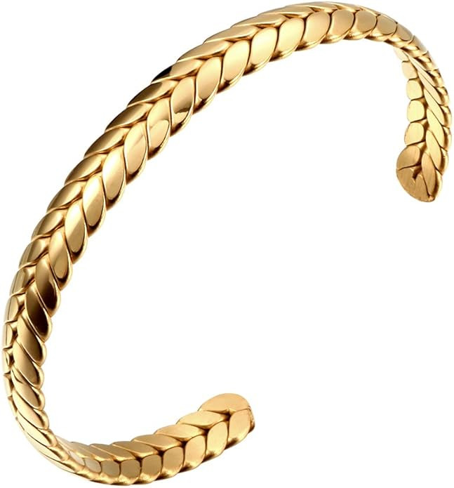 JINHUI Jewelry 18K Gold Plated Stainless Steel Cuff Bangle Bracelet With Wheat Texture Bracelet T... | Amazon (US)