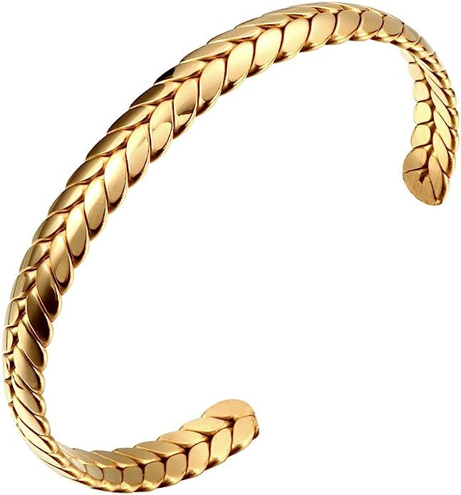 JINHUI Jewelry 18K Gold Plated Stainless Steel Cuff Bangle Bracelet With Wheat Texture Bracelet T... | Amazon (US)