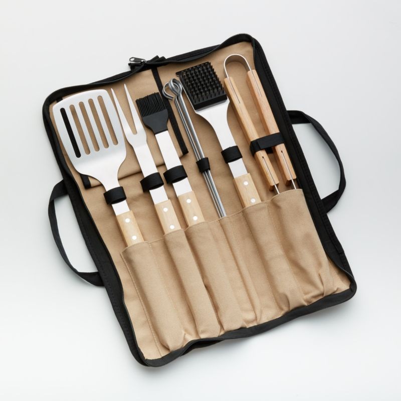 Wood-Handled 9-Piece Barbecue Tool Set + Reviews | Crate & Barrel | Crate & Barrel