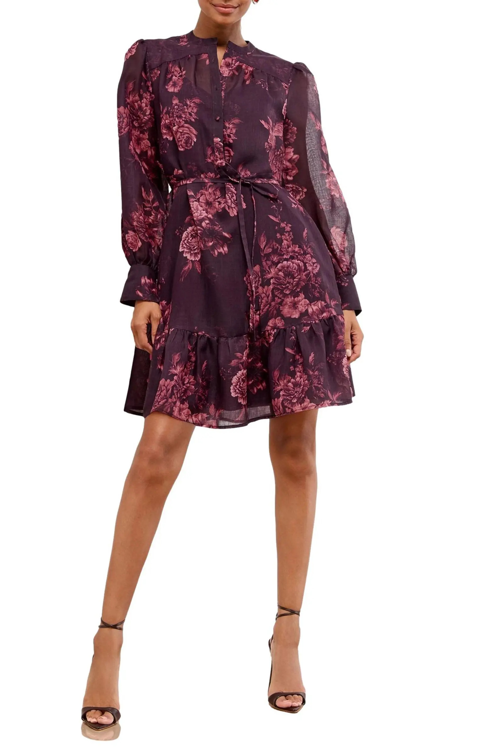 Rose Tie Belt Long Sleeve Minidress | Nordstrom