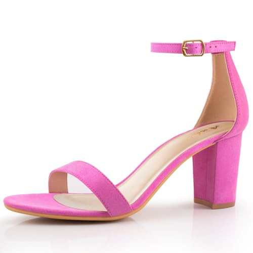 Ankis Pink Suede Heels for Women - Open Toe Ankle Strap Chunky Heel Pump Sandals Party Wedding Strappy Buckle Sandals Standard Size 2.75 Inches Tall Thick Heel Design (Pink Suede, numeric_8.5) | Amazon (US)