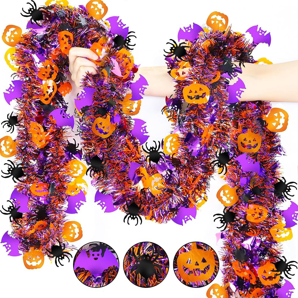 Halloween Decorations,50 FT Halloween Tinsel Garland with Orange Pumpkin Black Spider Purple Bat,... | Amazon (US)
