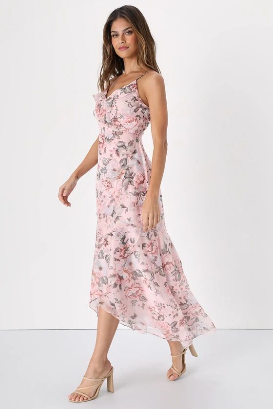 Dainty Love Blush Pink Floral Ruffled High-Low Faux-Wrap Dress | Lulus (US)