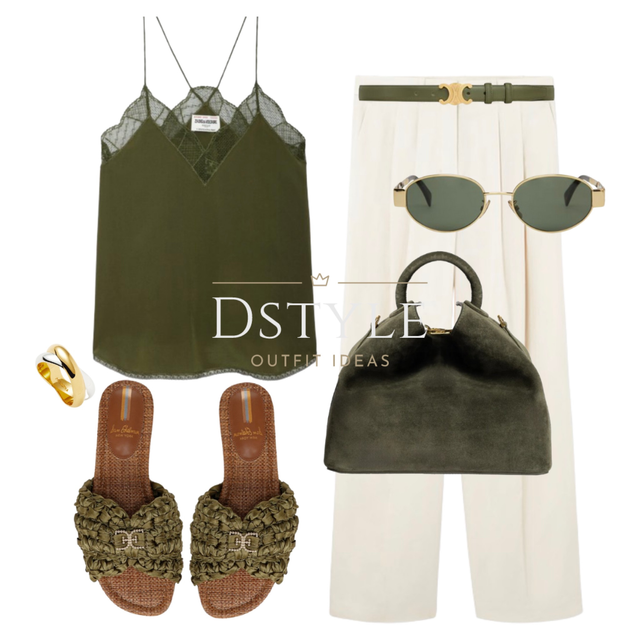 Dark olive silk camisole top, cream tailored trousers, pants, khaki green suede bag, dark green belt, green slide sandals, CELINE sunglasses.
Summer outfit, chic style, work wear, comfy yet stylish look

#LTKWorkwear #LTKStyleTip #LTKSaleAlert