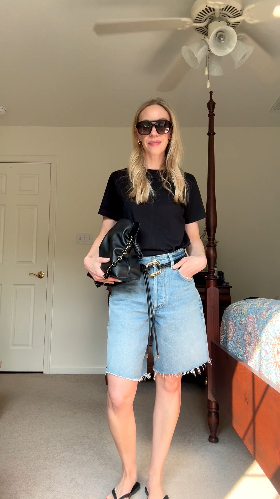 Denim bermuda shorts styled with boxy tee, @Madewell leather wrap belt, leather thong sandals

#LTKSeasonal #LTKOver40 #LTKSaleAlert