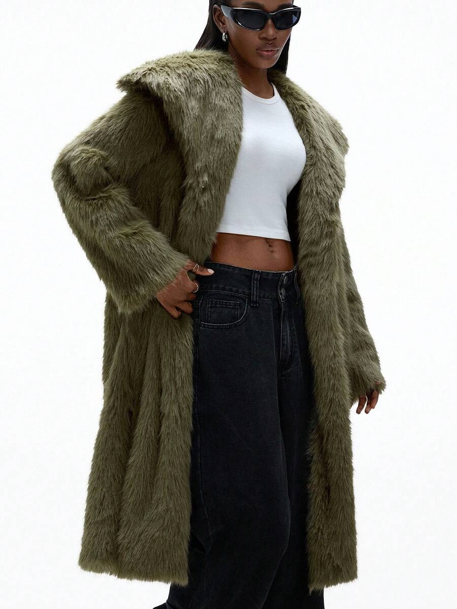 Aveloria Affinna Olive Green Faux Fur Collar Casual Elegant Versatile Oversized Long Women Faux F... | SHEIN