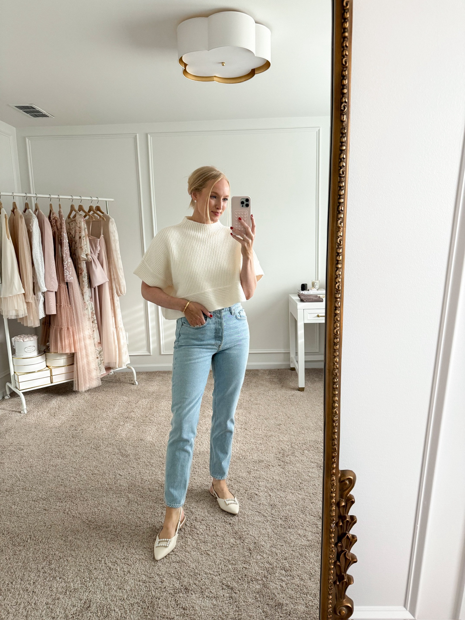 This mock neck pullover looks great with jeans and flats too!