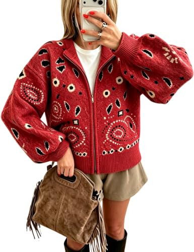 QIBABU Womens Paisley Pattern Zip Up Cardigan Sweater Long Sleeve Knitwear(Red-L-QB) | Amazon (US)