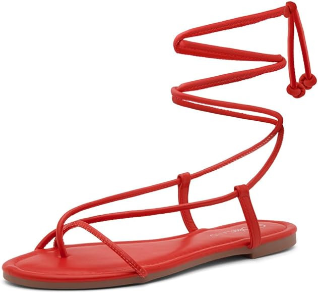 Shoe Land SL-Auday Womens Lace Up Flat Sandals Open Toe Tie Up Ankle Wrap Flat Sandals Black Whit... | Amazon (US)