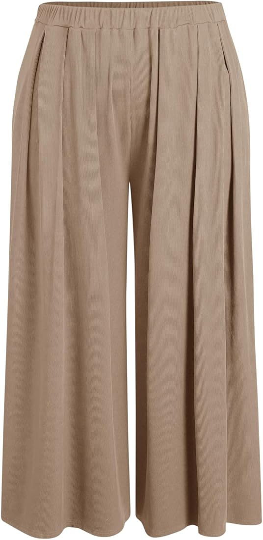 CIDER Women’s Plus Size Wide Leg Pants Palazzo Flowy Elastic Waist Pants with Pockets | Amazon (US)