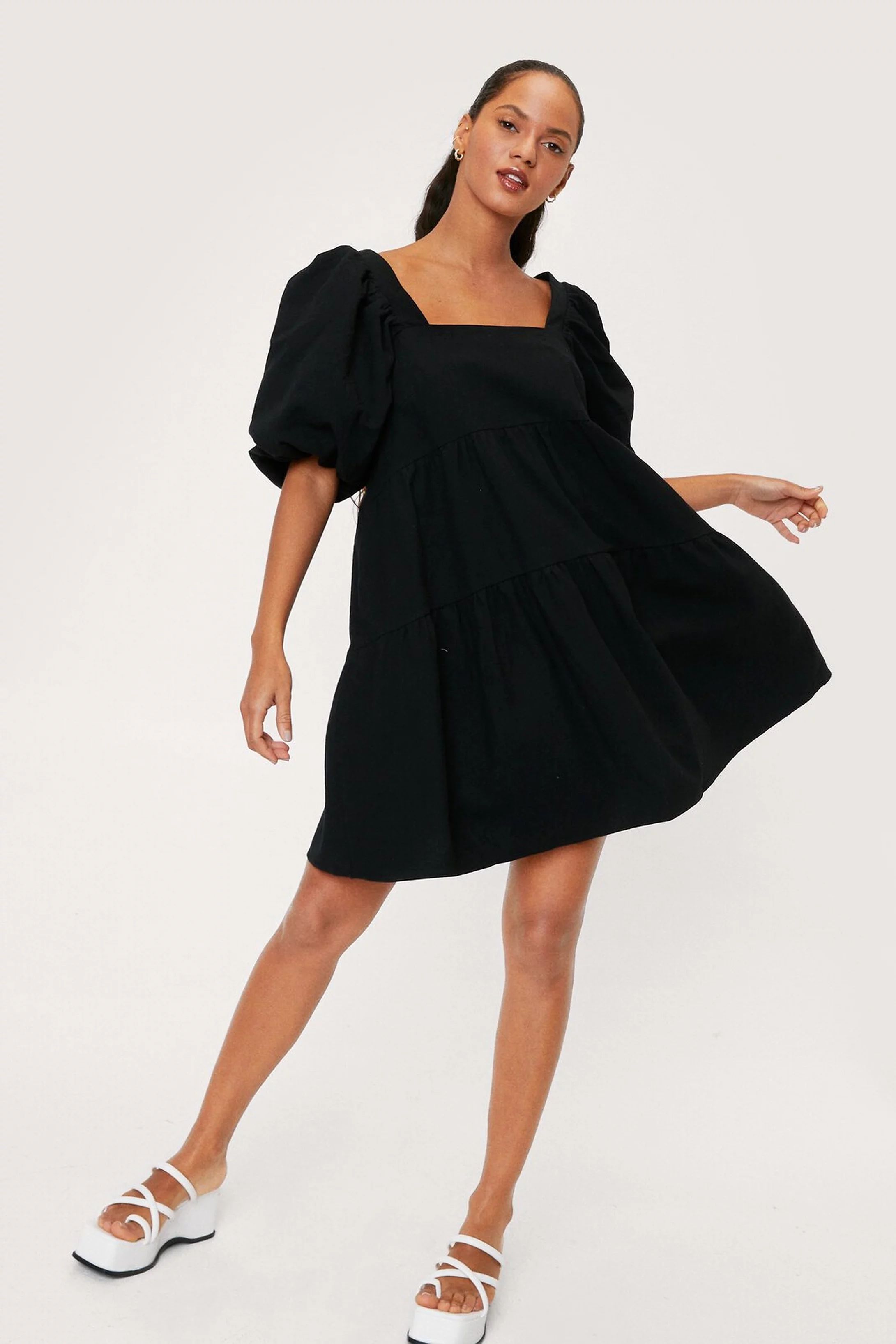 Linen Look Puff Sleeve Smock Mini Dress | Nasty Gal (US)