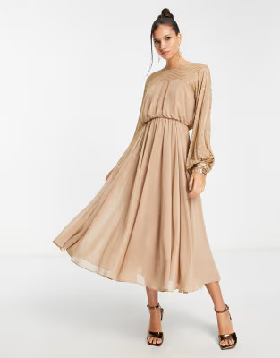 ASOS DESIGN midi dress with linear yoke embellishment in stone | ASOS (Global)