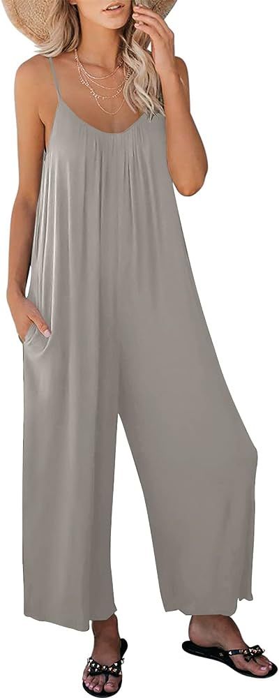 Prinbara Womens Casual Sleeveless Strap Loose Adjustable Jumpsuits Stretchy Long Pants Romper with P | Amazon (US)