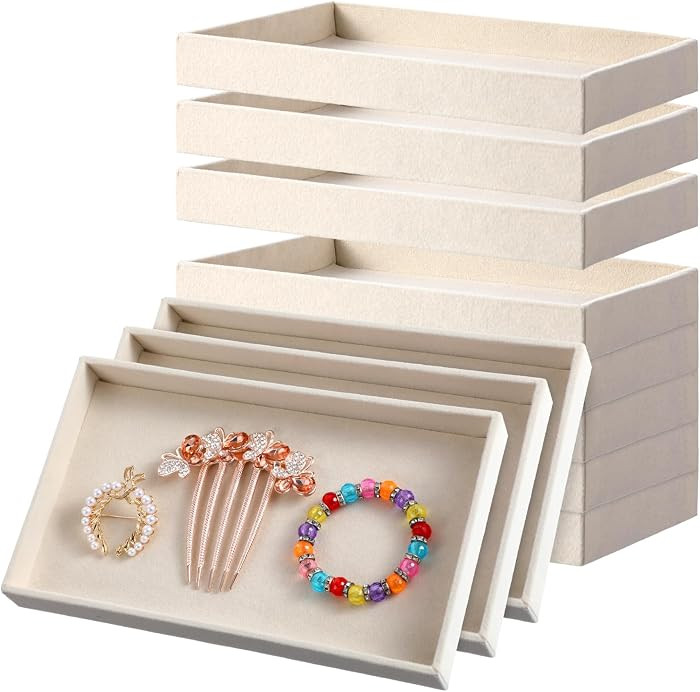 12 Pack 1 Grid Velvet Jewelry Trays, Stackable Jewelry Drawers Organizer Inserts, Beige Jewelry Storage Display Trays for Necklace, Earring, Ring, Bracelet, 8x4.6x0.91 Inches | Amazon (US)