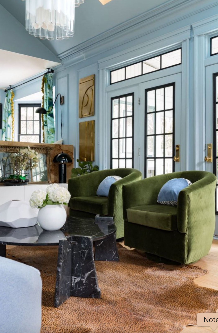 Blue and green living room decor inspiration 💚🩵 Velvet accent chairs, soft blue walls, mixed textures, and modern organic details create such a luxe but inviting space.

I love how this room balances bold statement pieces with calming colors. The olive green chairs add richness while the pale blue walls keep everything feeling airy and coastal-inspired. Mixing marble, natural textures, brass accents, and soft fabrics is such a good way to make a space feel elevated without looking overly formal.

Perfect inspiration if you love modern organic interiors, coastal luxe decor, moody greens, designer-inspired living rooms, colorful interiors, and elegant contemporary home styling. ✨🏡 

 #LTKHome