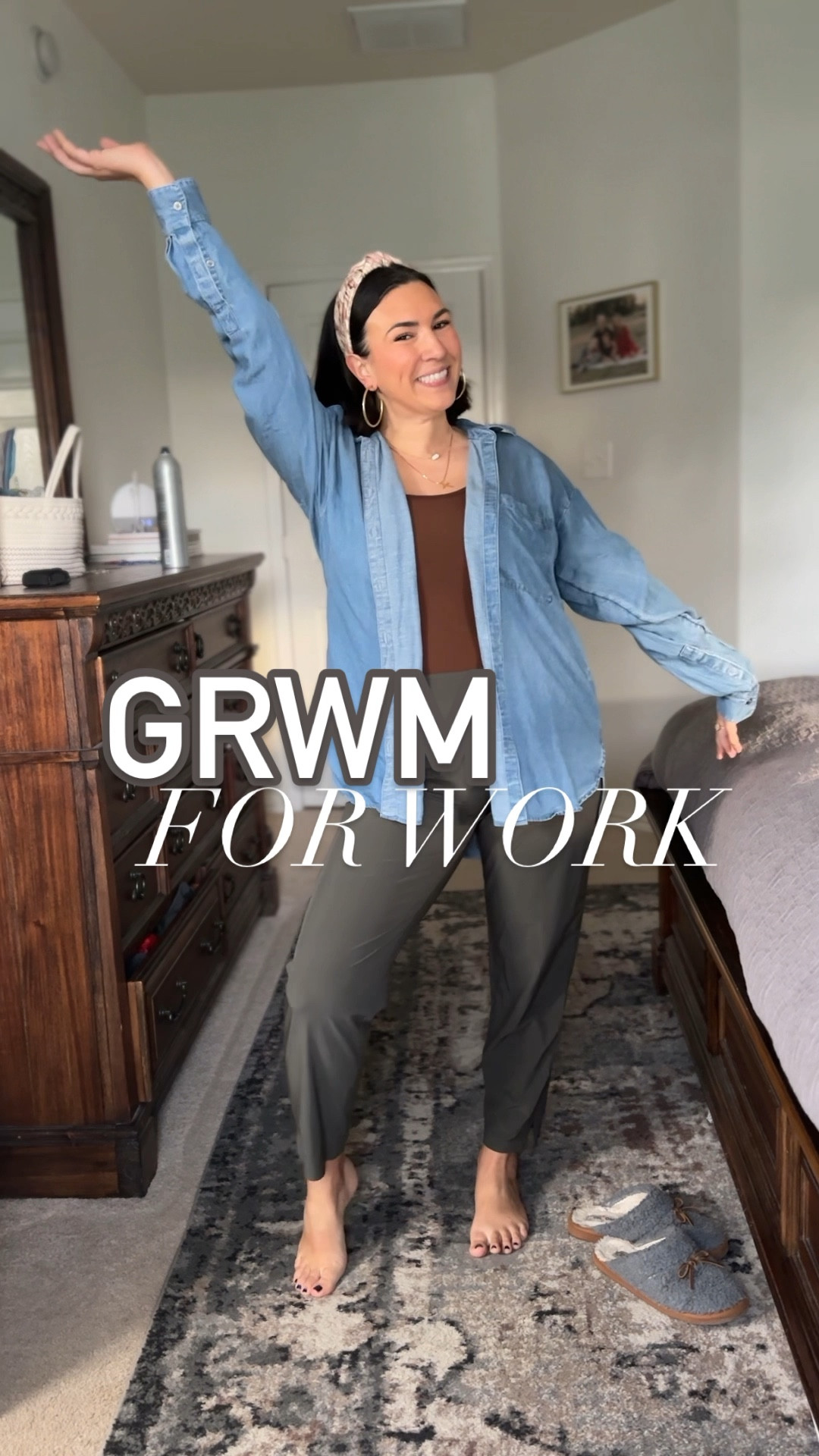 Walmart tank - wearing a medium (these are a favorite!!!) 
Chambray top from loft - wearing a large 
Athleta work pants - TTS, a workwear favorite for me! 
Headband - sharing similar bc mine is old, anthro has the best ones!! Under $30 
Hoops - literally wear these all the time, won’t tarnish and great quality 
Perfume - jazz club is a spicy smell of rich woody, smoky notes 
Wrote this outfit with some brown mule flats 

#LTKworkwear #LTKshoecrush #LTKfindsunder50