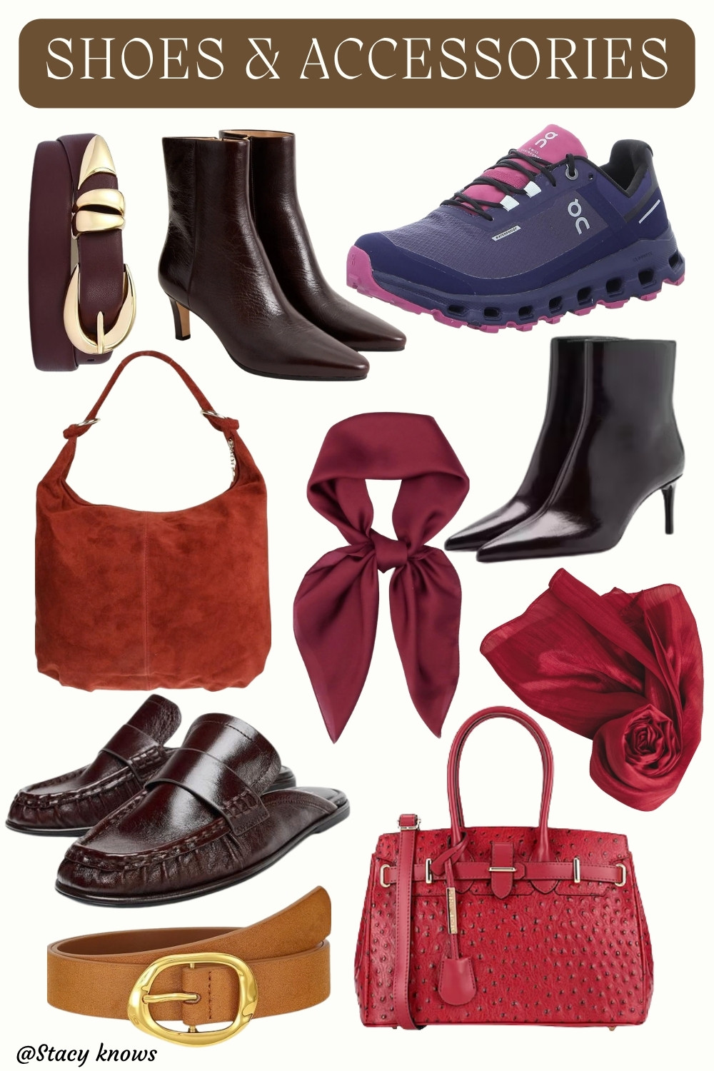 Elevate your fall wardrobe with this curated collection of shoes and accessories! Featuring rich burgundy hues in boots, loafers, and a silk neck scarf, paired perfectly with a burnt orange suede hobo bag and a pop of vibrant red texture. Don't miss the sporty On Running sneaker and classic tan belt for versatile styling.
#LTKstyletip #FallFashion #ShoesandAccessories #Burgundy #NeutralStyle #StreetStyle #ShoeCrush #AccessoryAddict #FallOOTD #OnRunning 

 #LTKgrwm #LTKSeasonal #LTKBeauty