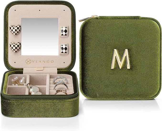 Vlando Plush Velvet Travel Jewelry Case, Personalized Initial Jewelry Boxes for Women Girls, Mini... | Amazon (US)