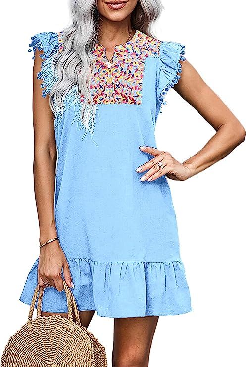 KIRUNDO 2023 Women's Summer Mini Dress Casual V Neck Floral Embroidered Ruffle Sleeveless Shift D... | Amazon (US)