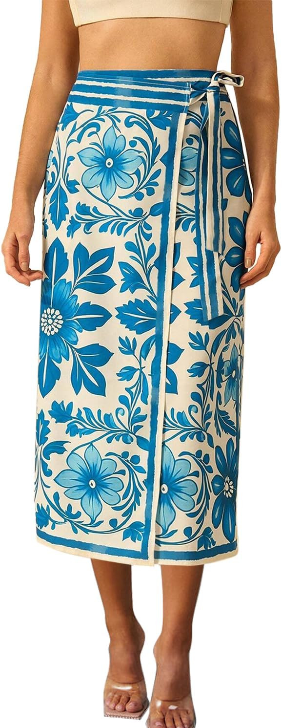 Womens Floral Wrap Midi Skirt Summer Adjustable Tie Side Casual High Waist A Line Beach Boho Long... | Amazon (US)