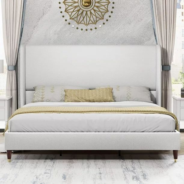 PaPaJet Queen Platform Bed Frame 51.2" High Headboard Linen Tall Upholstered Bed/No Box Spring Re... | Walmart (US)