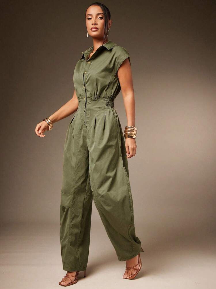 Hauture Macacão Curto De Manga Curta Com Gola E Botões Na Frente, Estilo Barril, Sexy E Casual, Para Verão | SHEIN