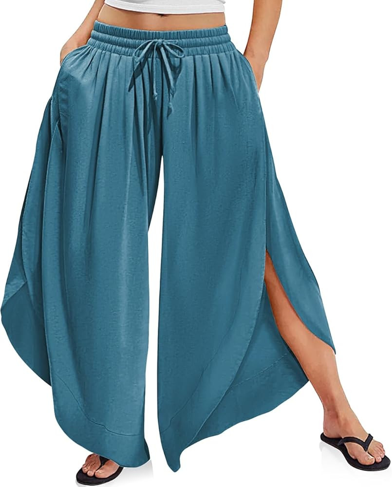 TARSE Womens Linen Wide Leg Split Skirt Pants Boho Loose Palazzo with Elastic Waist Drawstring 20... | Amazon (US)
