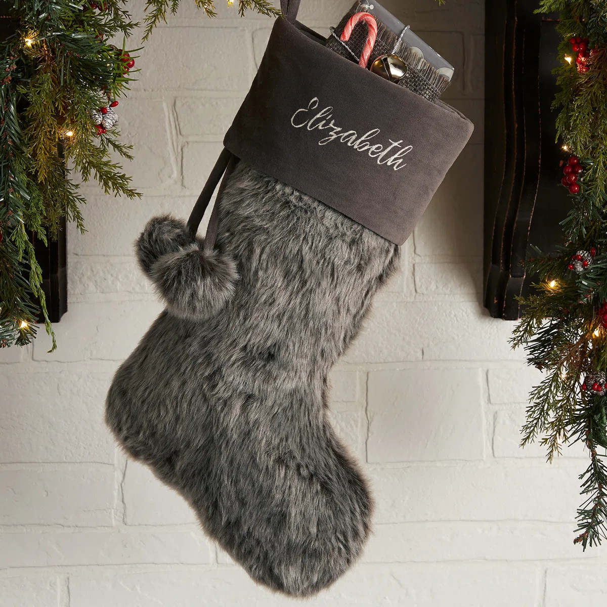 Personalization Mall Embroidered Grey Faux Fur Christmas Stocking | Wayfair | Wayfair North America