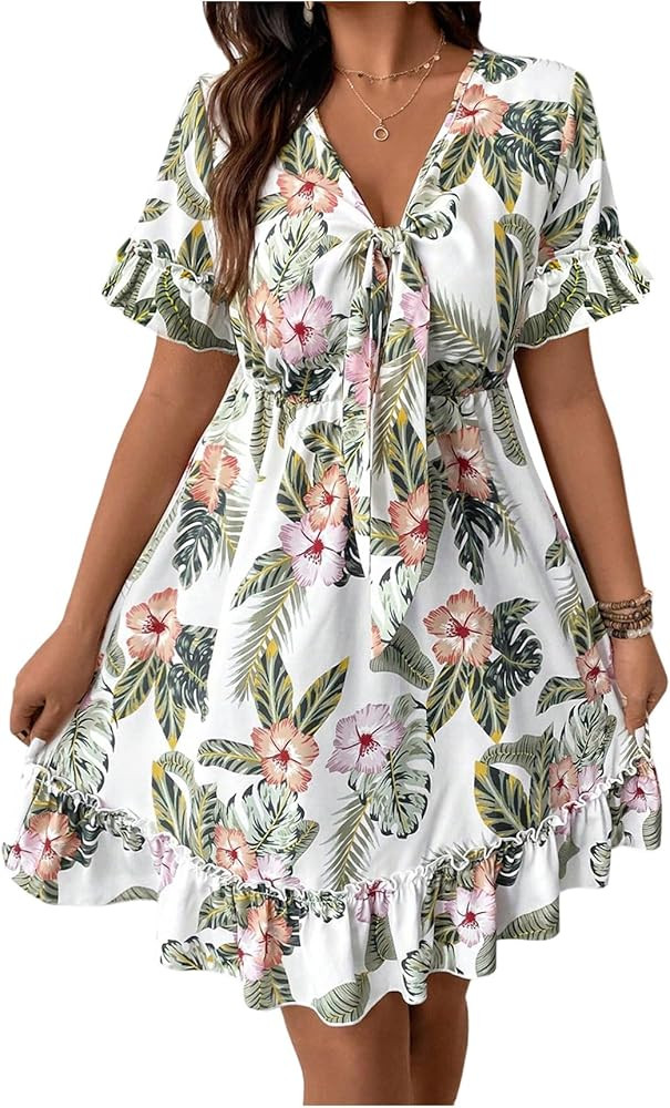 Women's Boho Tropical Short Dress Floral Bow Tie Knot V Neck Short Sleeve Ruffle A Line Summer Va... | Amazon (US)