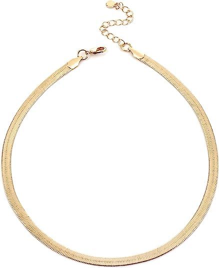 NUZON 14K Gold Plated Snake Chain Choker Thick 5MM Flat Herringbone Link Necklace Dainty Jewelry ... | Amazon (US)