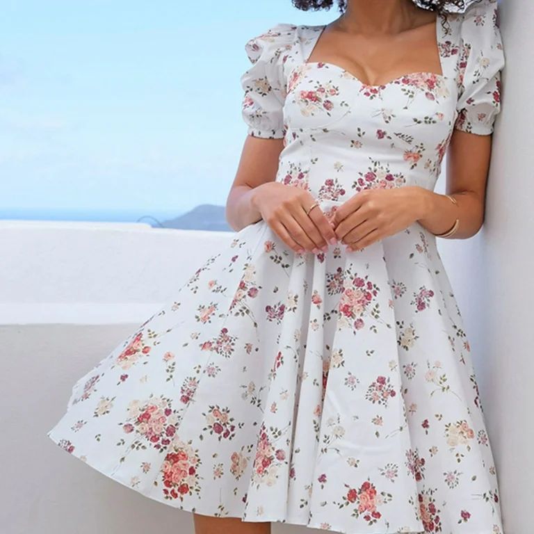 Fusipu Summer Dress Low Neck Fluffy Hem Mini Women Puff Sleeve Dress for Daily Wear | Walmart (US)