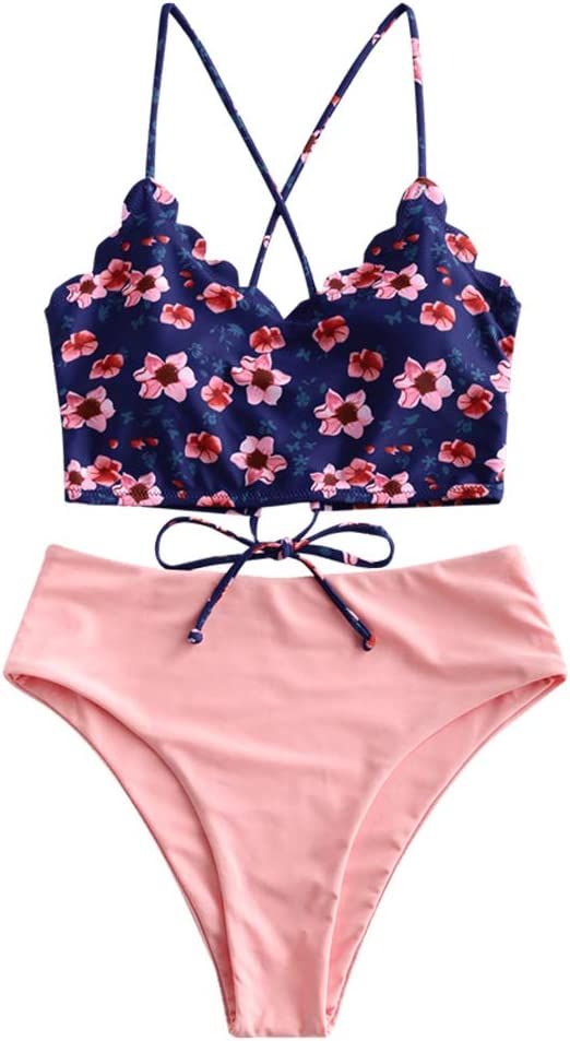 ZAFUL Sunflower Bikini Set Padded Lace Up Ruched Tankini High Waisted Bathing Suit | Amazon (US)