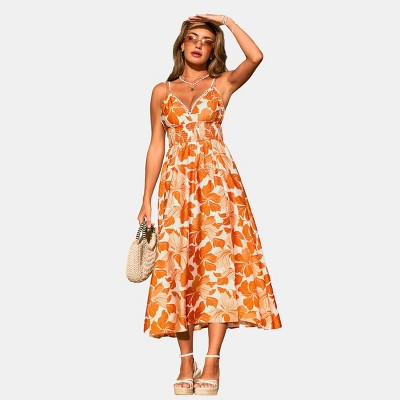 Cupshe Women's Tropical Floral Maxi Dress with Side Slit-M-Orange | Target