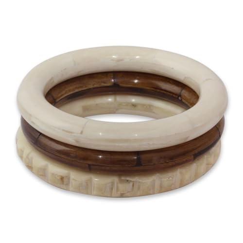 NOVICA Artisan Handmade Bone Bangle Bracelets Carved by from Set of 3 No Stone India [7.5 in Inner Circ. x 0.4 in W] ' Delhi Harmony' Set of 3 | Amazon (US)