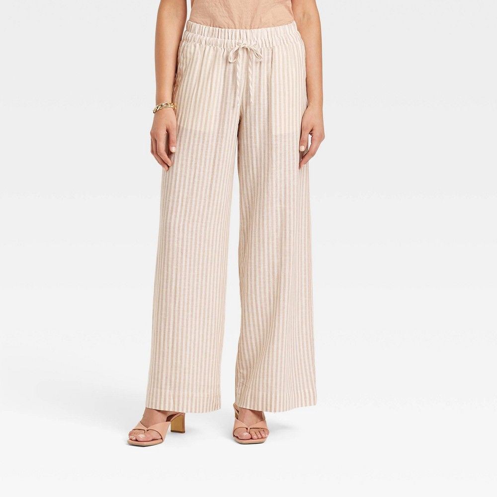 Women's High-Rise Wide Leg Linen Pull-On Pants - A New Day Cream Striped M, Ivory Striped | Target