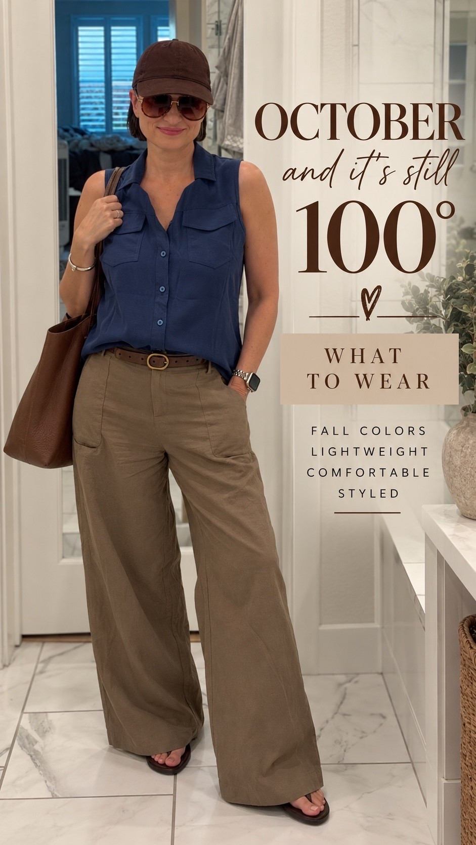 October on the calendar, 100° on the forecast… so we improvise. 🍂☀️

I’m leaning into fall color instead of fall weight—deep navy paired with lightweight olive-green pants, grounded with warm chocolate-brown accessories. The palette says October, but the fabrics are light enough to handle a California afternoon.

Because dressing for fall doesn’t have to mean sweaters and layers. Sometimes it’s simply borrowing the colors of the season and making them work for the weather you actually have. 🤎

Fall mood, summer strategy.