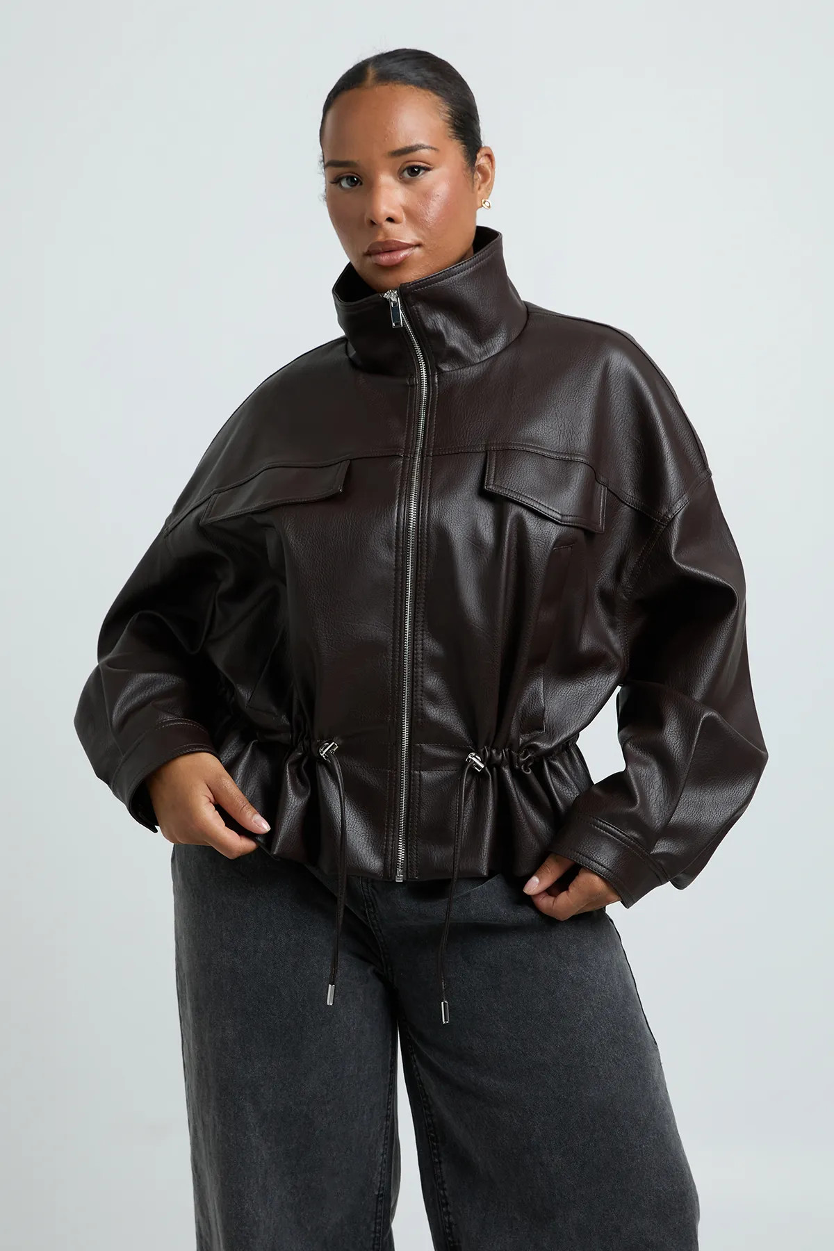 boohoo Women's Plus Faux Leather Funnel Neck Cinched Waist Jacket in Chocolate | Size: 14 | Faux Leather/Polyurethane | boohoo (US & Canada)