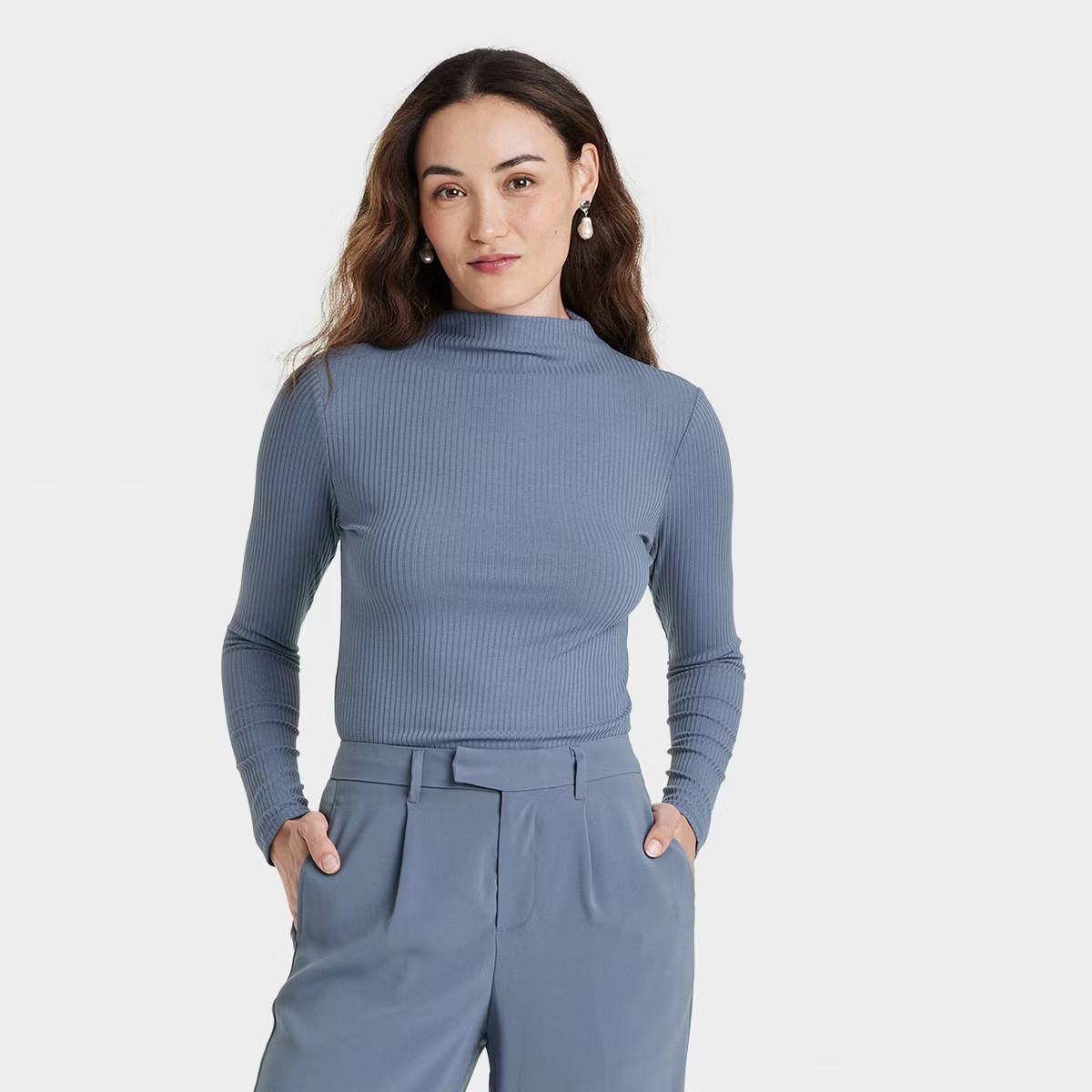 Women's Long Sleeve Mock Turtleneck T-Shirt - A New Day™ Blue M | Target