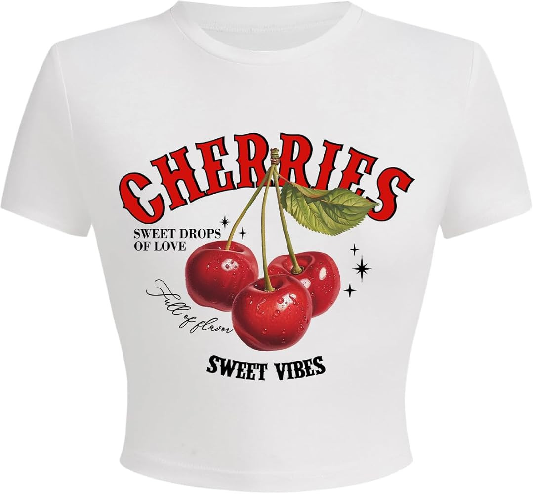 BEAUDRM Women's Y2k Cherry Letter Print T Shirts Short Sleeve Crew Neck Summer Tops Streetwear | Amazon (US)