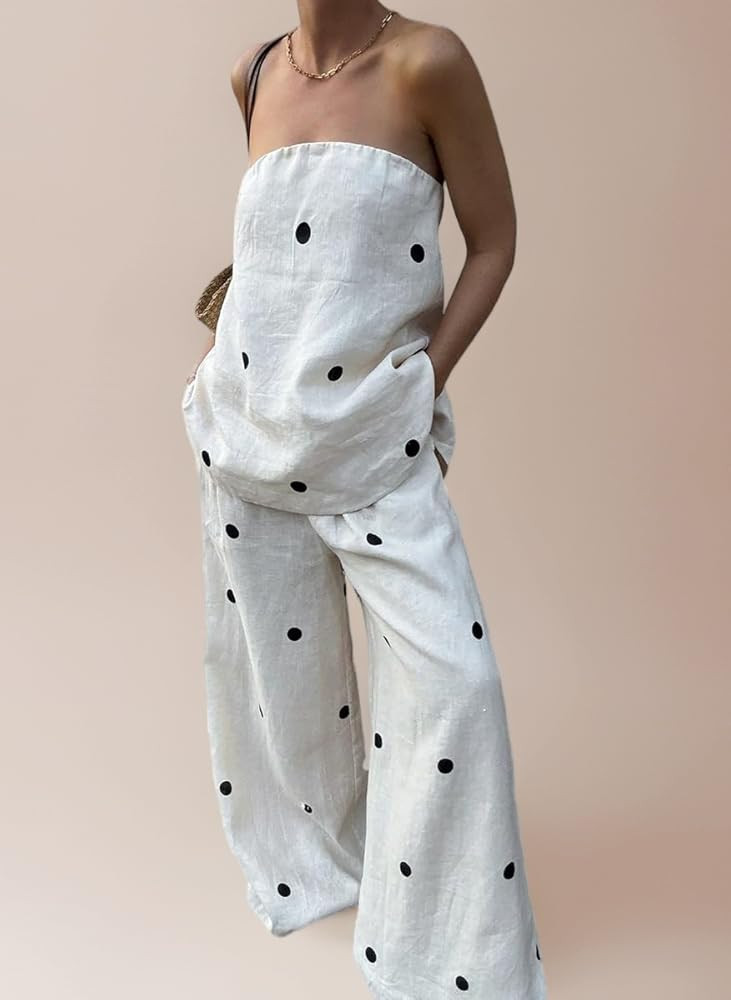 Women's Two Piece Polka Dot Bandeau Top and Pants Summer Matching Set Strapless Round Tube Top an... | Amazon (UK)
