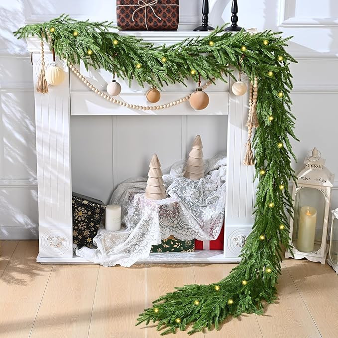 Waipfaru 9ft Artificial Norfolk Pine Garland, Realistic Christmas Garland with Lights Faux Winter... | Amazon (US)
