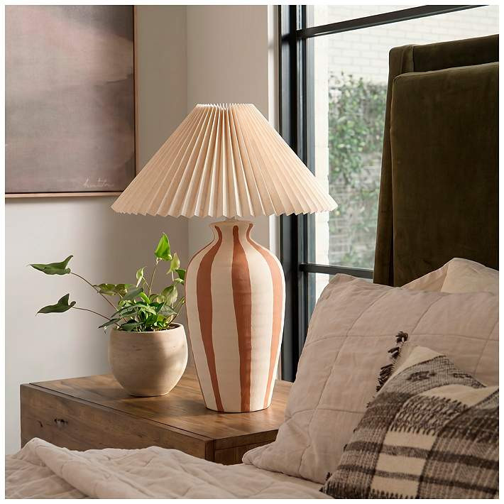 Chloe 20" Stoneware Tapered Cylinder Table Lamp with Pleated Shade | Lamps Plus