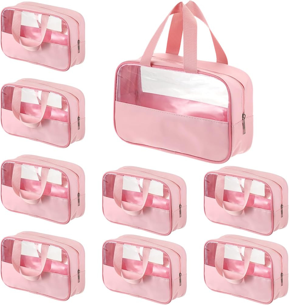 9 Pcs Translucent Make up Bag Pink Big Travel Cosmetic Makeup Toiletry Bag with Handle and Zipper... | Amazon (US)