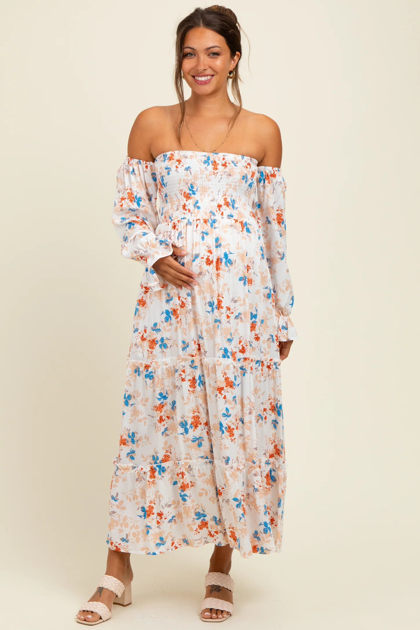 Ivory Floral Off Shoulder Long Sleeve Maternity Maxi Dress | PinkBlush Maternity