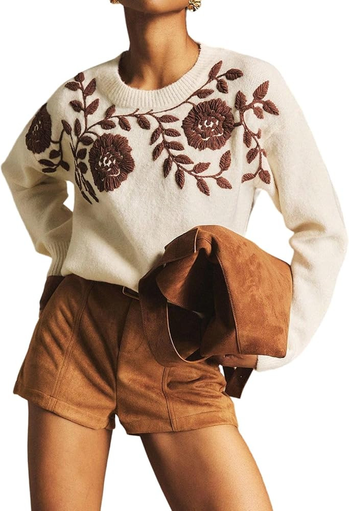 Verdusa Women's Boho Vintage Sweaters Floral Embroidery Fall Sweater | Amazon (US)