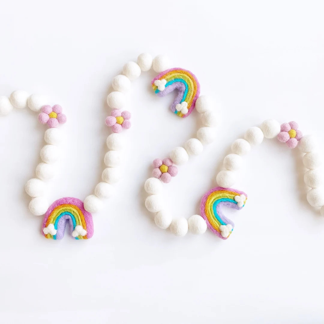 Daisy and Rainbow Felt Ball Garland - Etsy | Etsy (US)