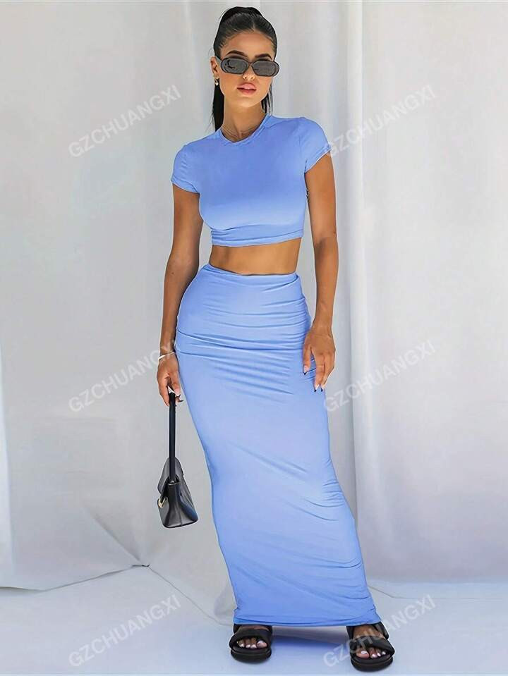 Summer Casual Cropped T-Shirt And Fitted Skirt Set | SHEIN