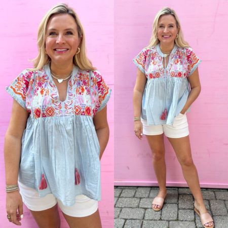 Cutest embroidered top for spring! Loving this one so much! Perfect with shorts or jeans! I’m wearing the spanx shorts in a small. Use code FANCYXSPANX FOR 10% off those. Code FANCY15 to save on the top! 

#LTKstyletip #LTKsalealert #LTKSeasonal