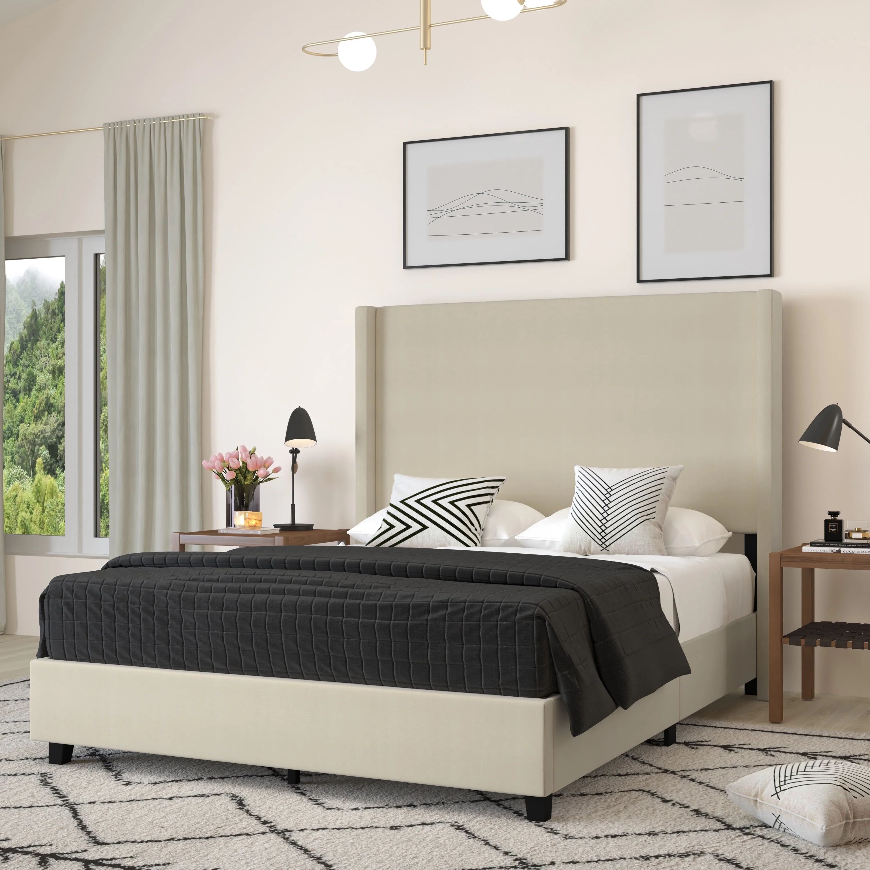 Merrick Lane Modern Queen Size Platform Bed Frame with Padded Faux Linen Upholstered Wingback Hea... | Walmart (US)