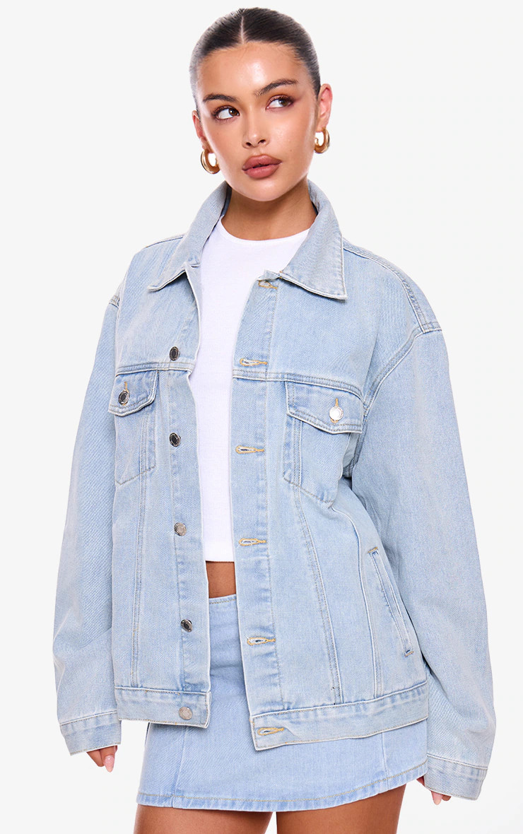 PRETTYLITTLETHING Light Blue Wash Oversized Boyfriend Denim Jacket | PrettyLittleThing CAN